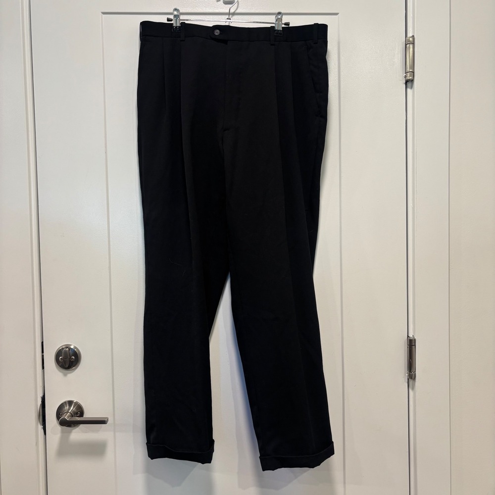 Oscar de la Renta Hand‎ Tailored Mens Black Wool Pleated Cuffed Dress Pants 38